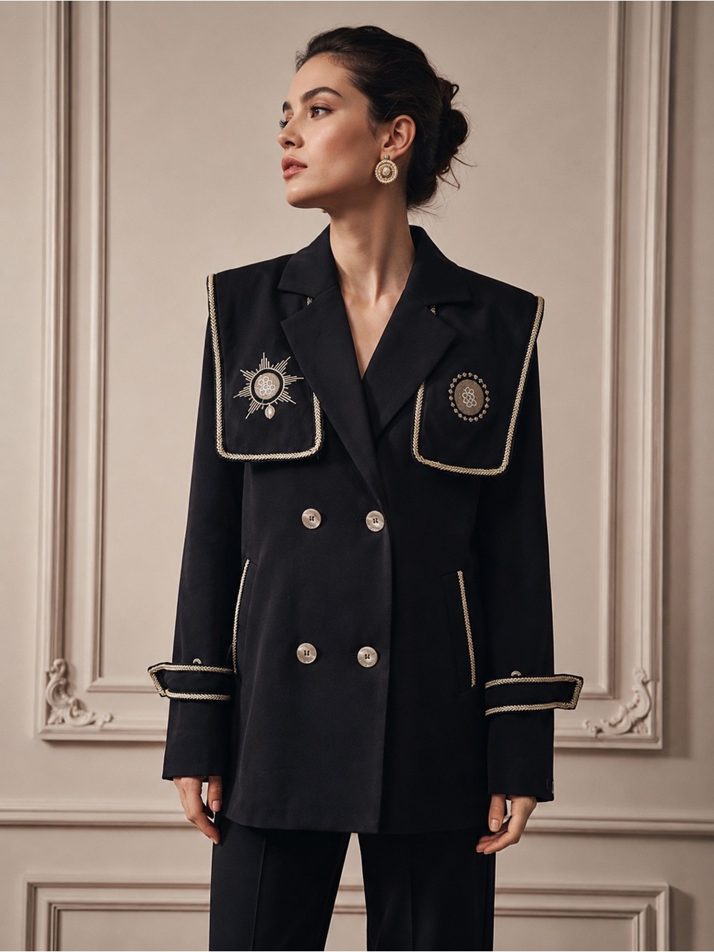 Sandro ASW Cuban Fit Navy Military Embroidered Blazer Jacket US M